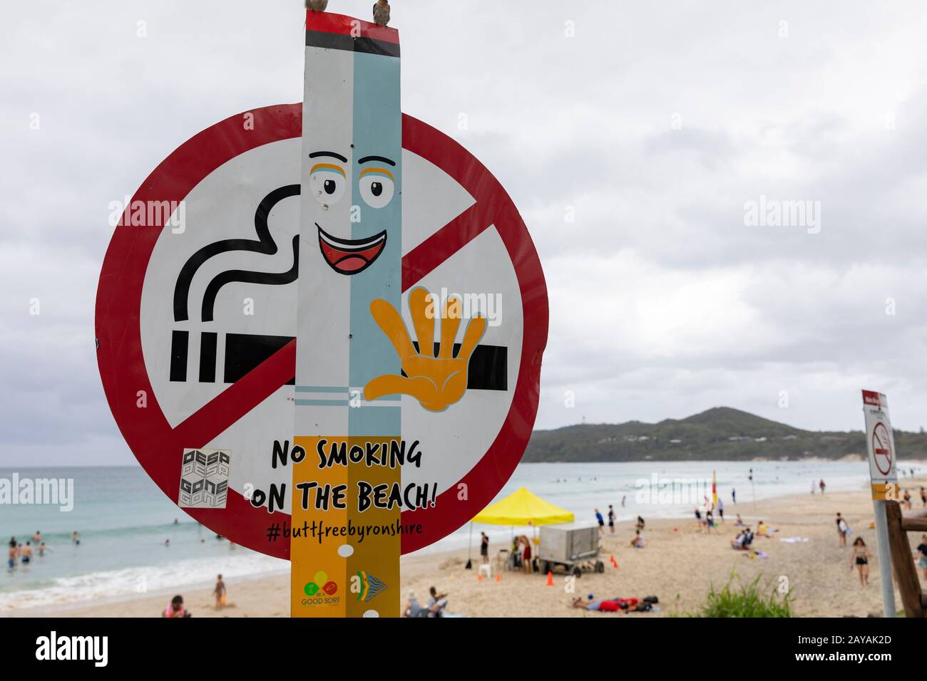 Humorous no smoking on the beach sign at Byron bay in New South Wales,Australia Stock Photo
