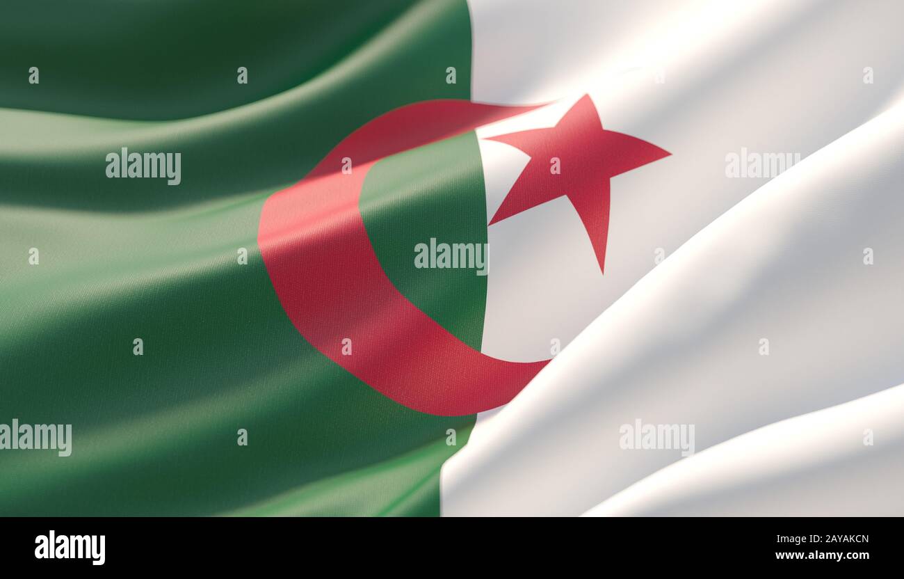 Waved highly detailed close-up flag of Algeria. 3D illustration. Stock Photo