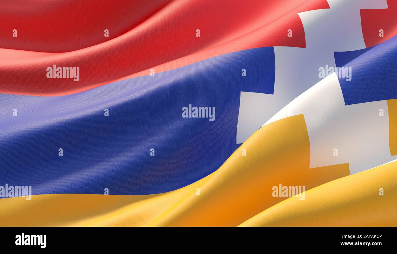 Waved highly detailed close-up flag of Artsakh. 3D illustration. Stock Photo