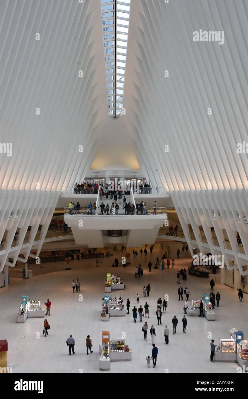 Inside the Oculus of the Westfield World Center Transportation Hub in New York Stock Photo -