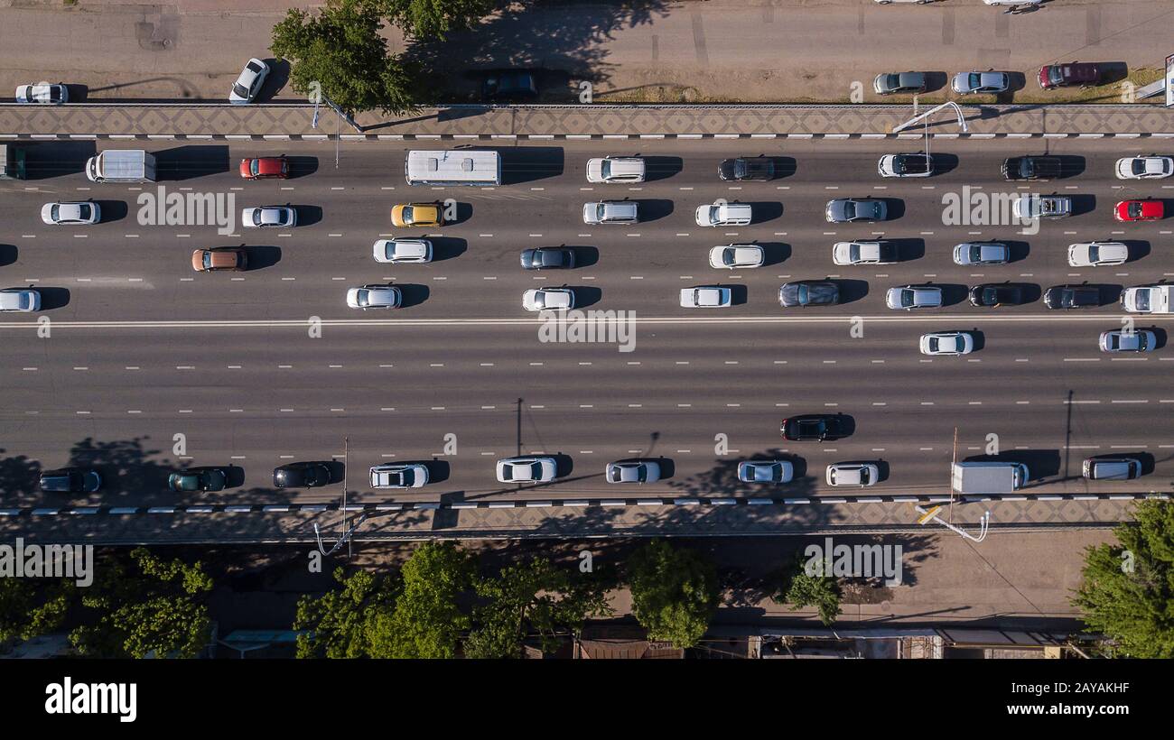 Top down aerial view of urban city traffic jam rush hour highway Stock ...