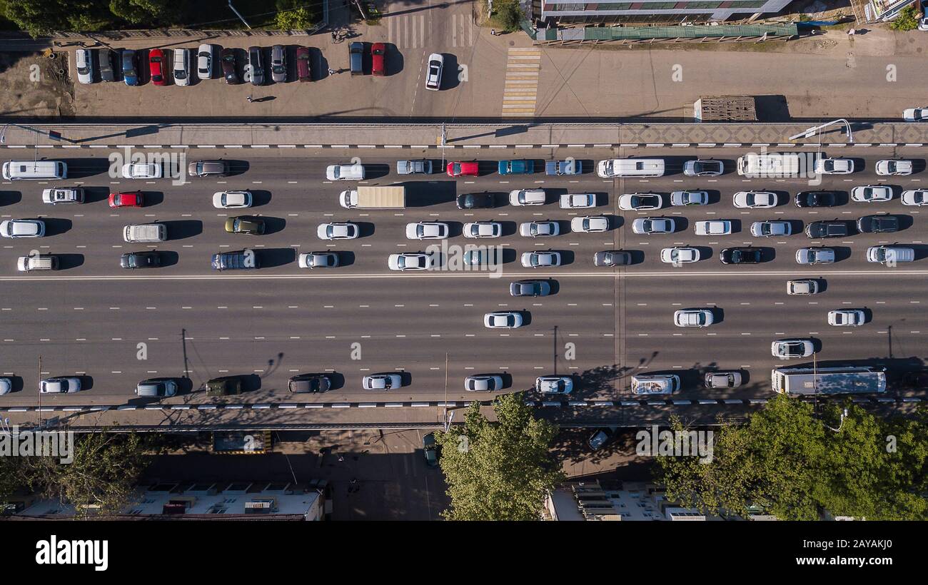 Top down aerial view of urban city traffic jam rush hour highway Stock ...