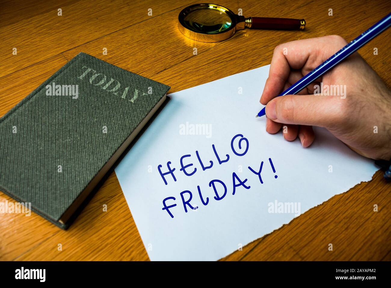 Conceptual hand writing showing Hello Friday. Business photo text you say this for wishing and hoping another good lovely week M Stock Photo