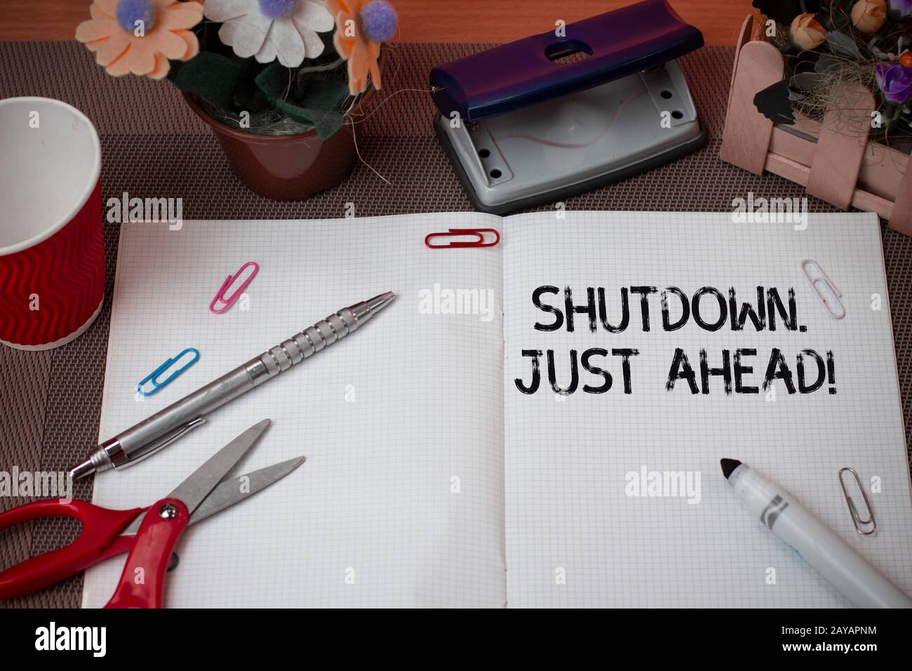Handwriting text Shutdown Just Ahead. Concept meaning closing factory business either short time or forever. Stock Photo