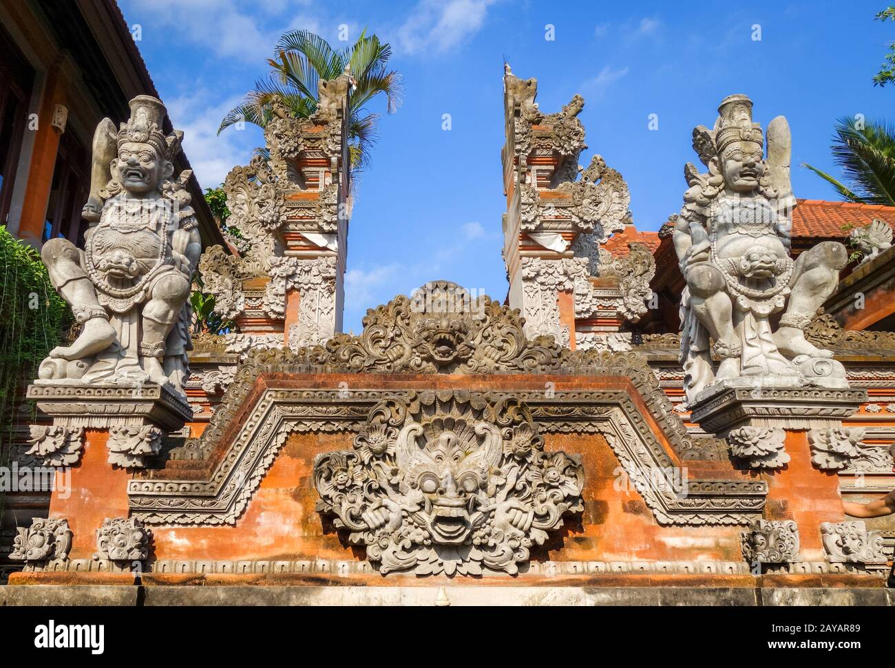 Statues on a temple entrance door, Ubud, Bali, Indonesia Stock Photo