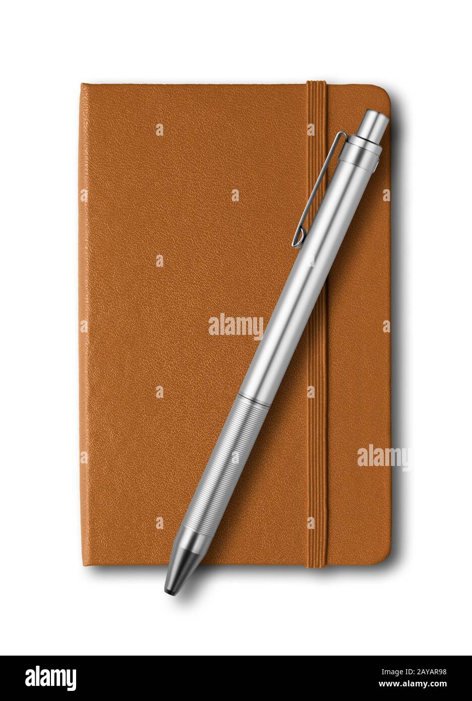 Leather closed notebook and pen isolated on white Stock Photo