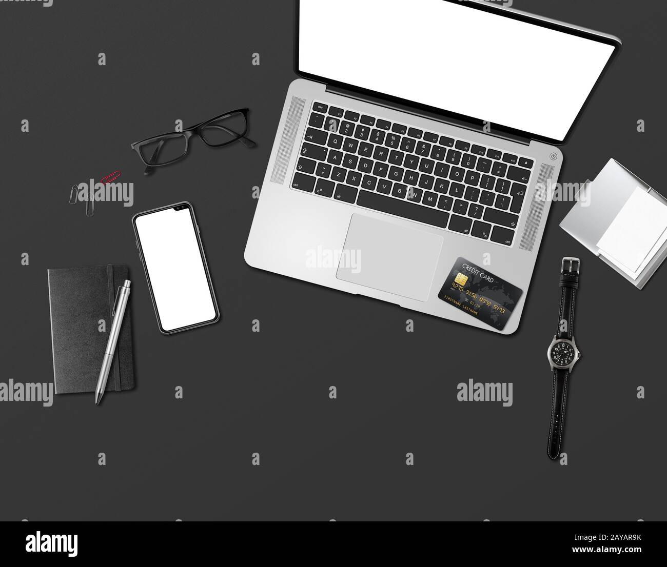 Office desk mockup top view isolated on black Stock Photo Alamy