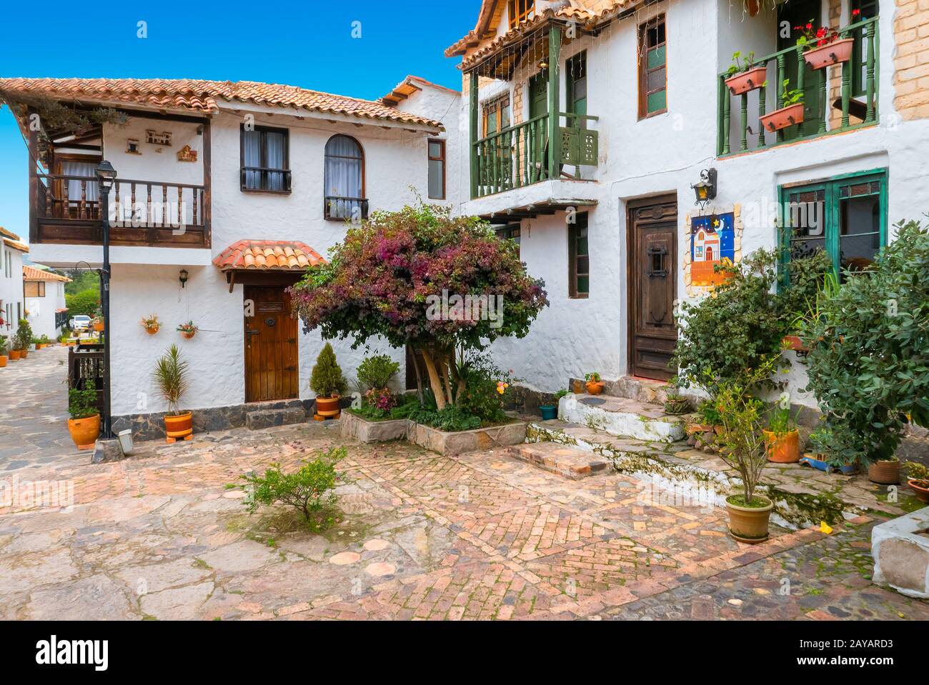 Colonial houses with courtyard and garden typical of the province of Boyaca Colombia Stock Photo