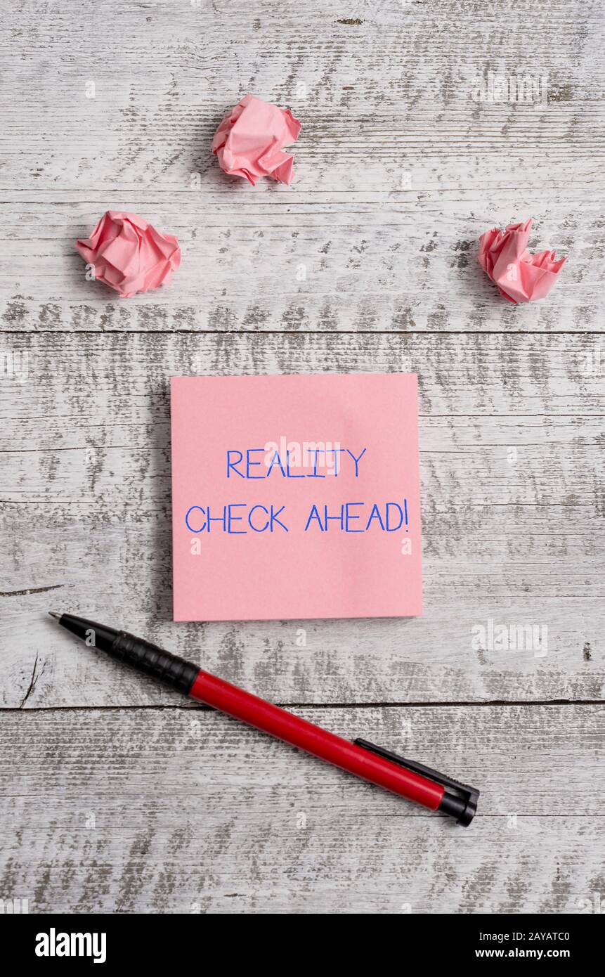 Conceptual hand writing showing Reality Check Ahead. Business photo showcasing makes them recognize truth about situations or di Stock Photo