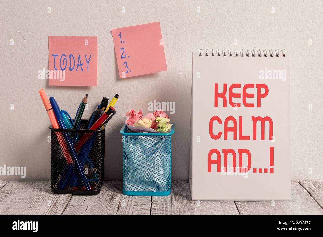 Conceptual hand writing showing Keep Calm And. Business photo showcasing motivational poster produced by British government. Stock Photo