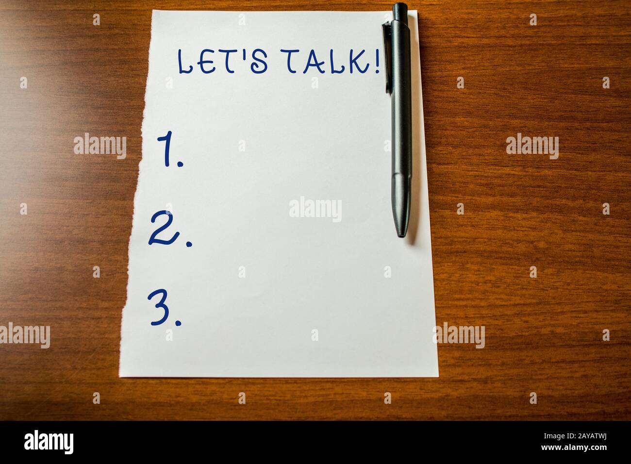 Handwriting text Let S Talk. Concept meaning they are suggesting beginning conversation on specific topic Upper view blank stati Stock Photo