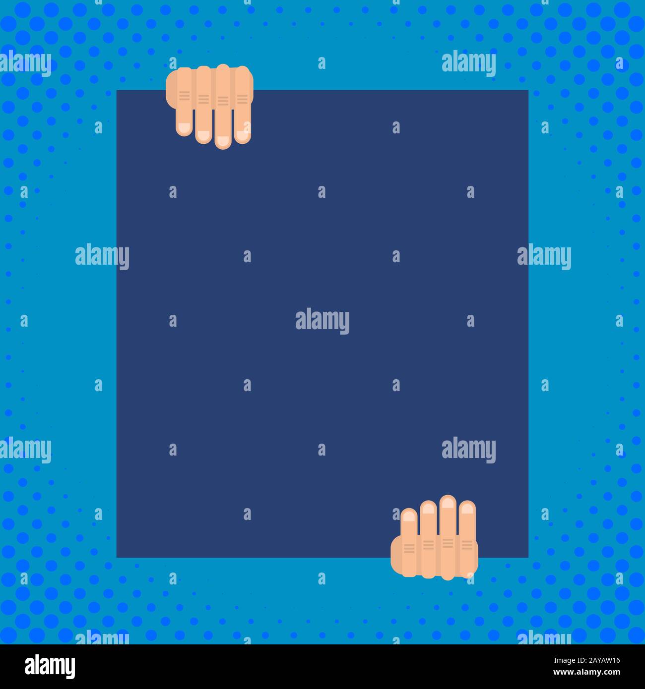 Close up front view big blank rectangle holding two hands up down abstract geometrical background. Empty text promoting ideas ma Stock Photo