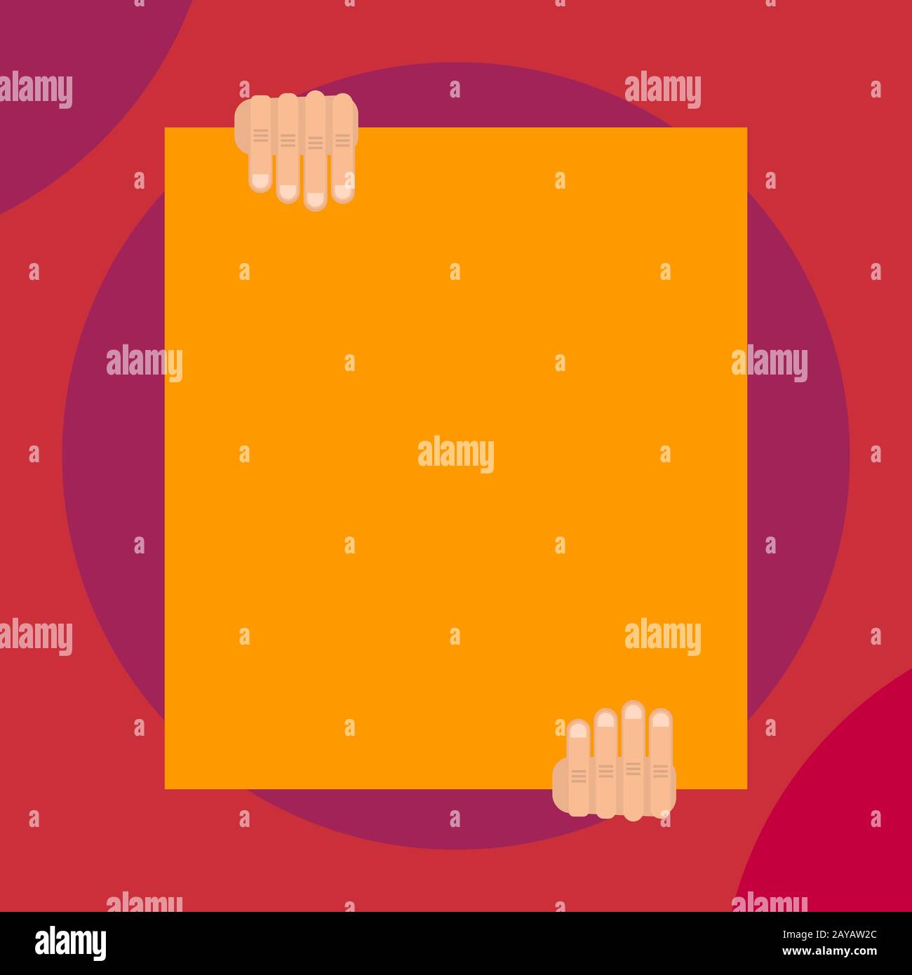 Close up front view big blank rectangle holding two hands up down abstract geometrical background. Empty text promoting ideas ma Stock Photo
