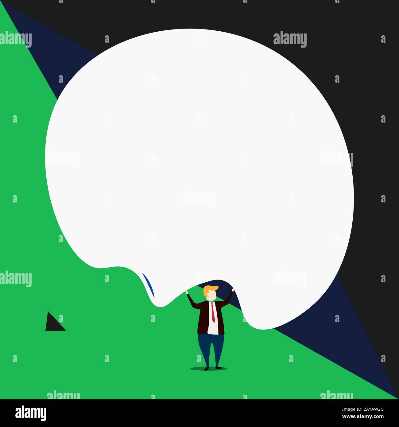 Front view standing man dressed suit tie holding two hands up big deflated balloon. Abstract geometric background. Failed projec Stock Photo