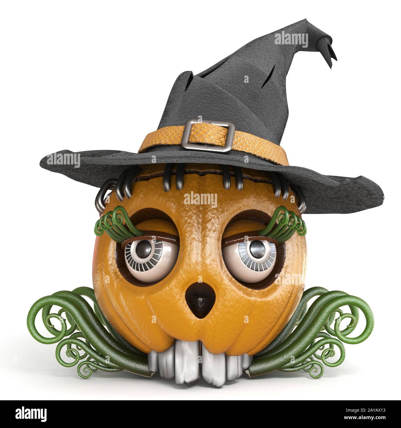 Halloween pumpkin Jack O Lantern lady with witch hat 3D