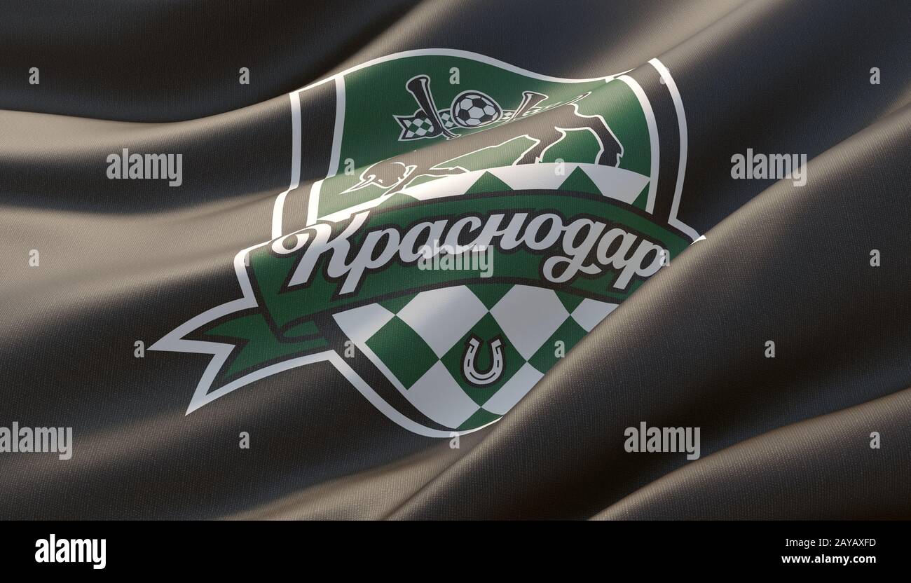 Krasnodar, Russia - may, 2019. Waved highly detailed close-up black flag with emblem of FC Krasnodar. 3D illustration. Stock Photo
