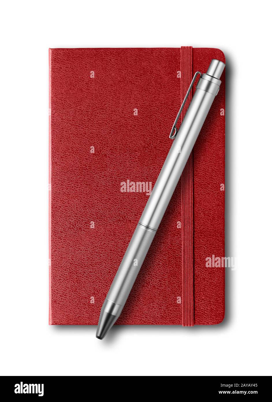 Dark red closed notebook and pen isolated on white Stock Photo