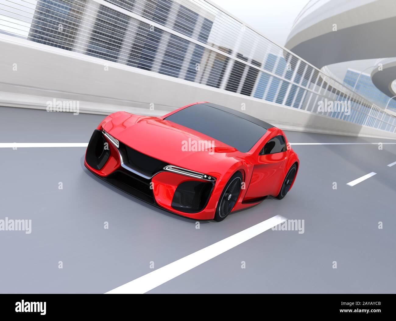 Red electric powered sports coupe driving on the highway.  3D rendering image. Stock Photo