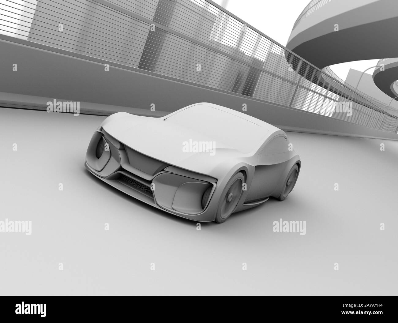 Clay rendering of electric powered sports coupe driving on the highway.  3D rendering image. Stock Photo