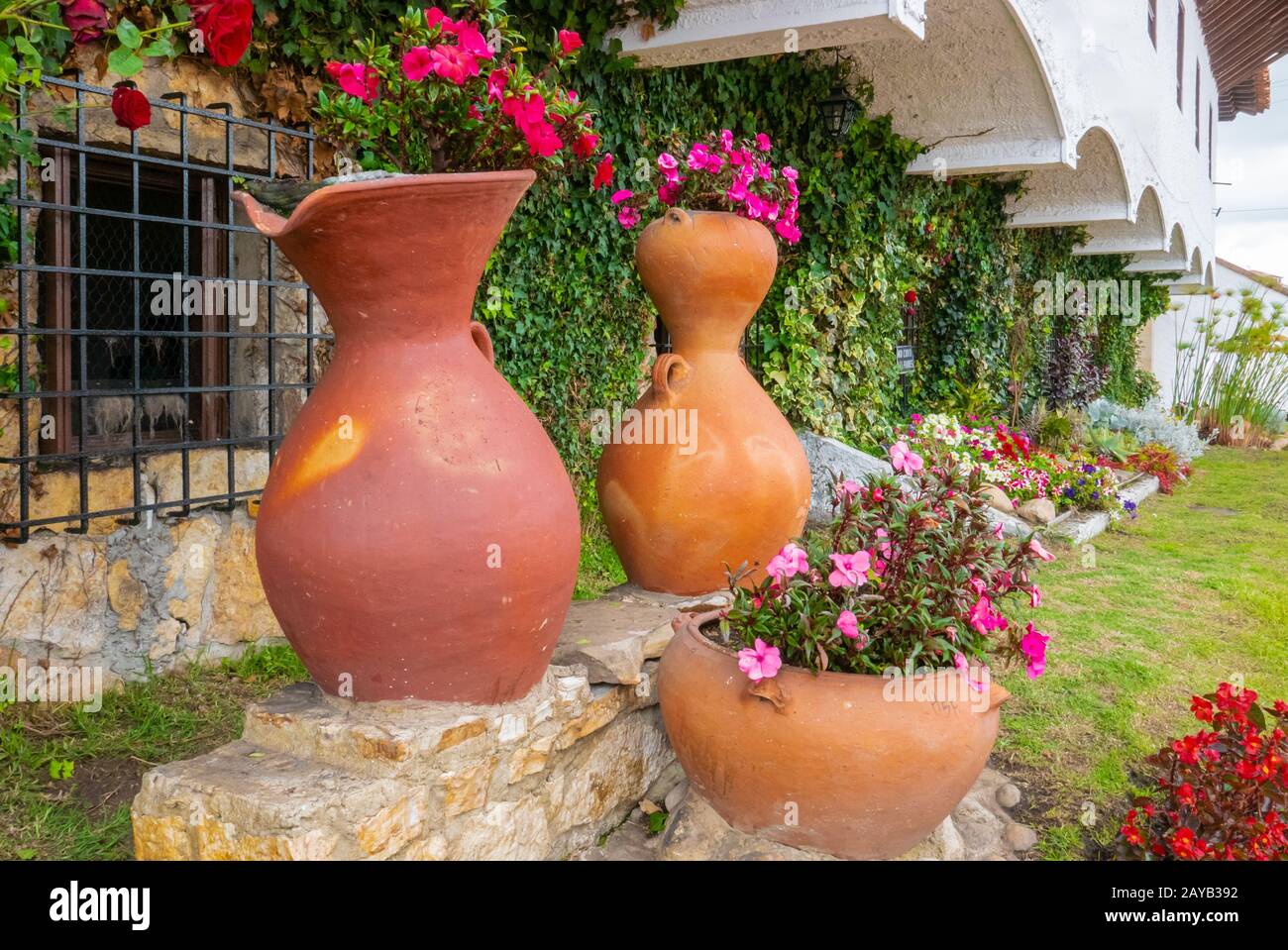 Colombia Guatavita decorative clay pots with flowers Stock Photo