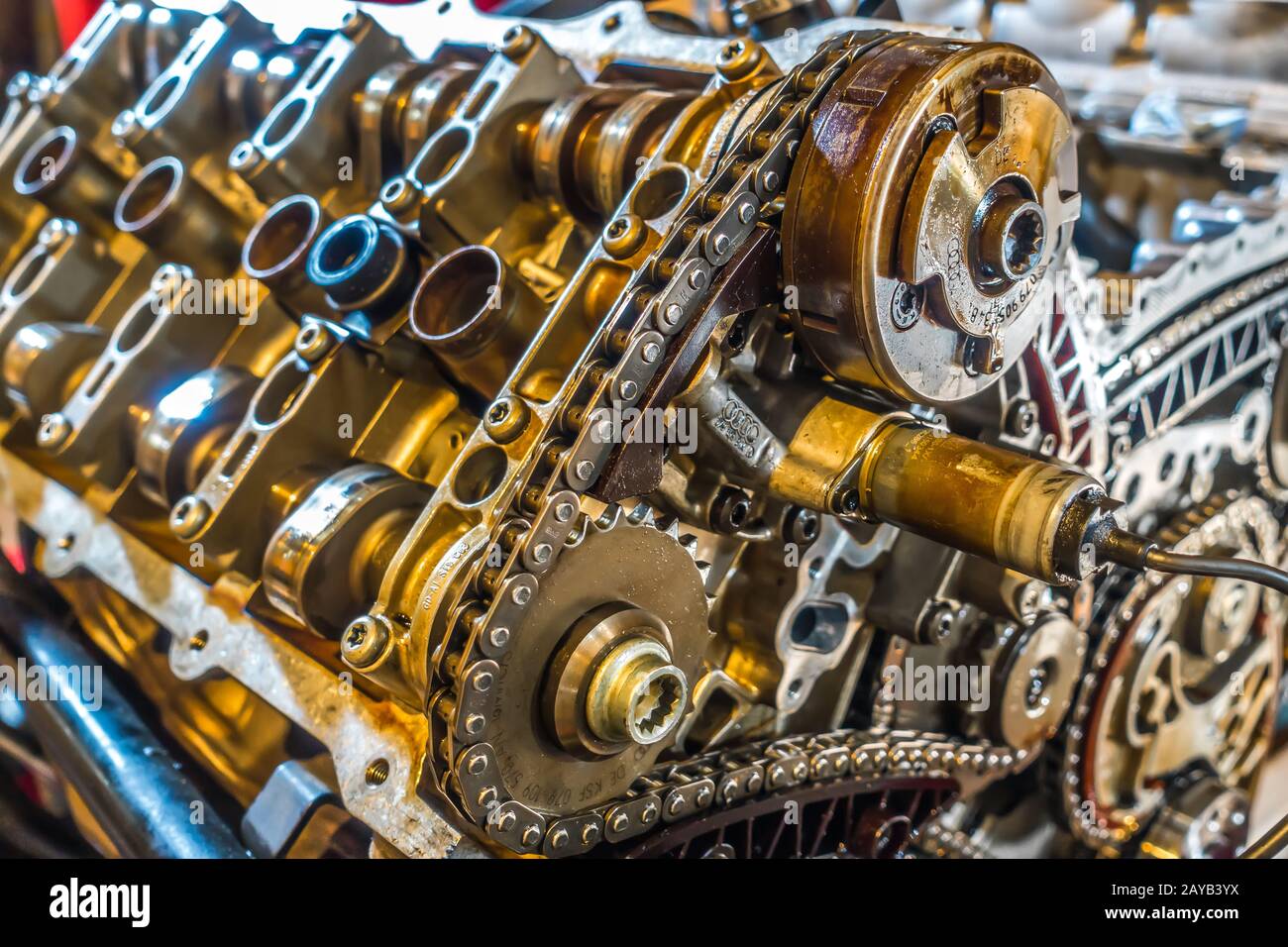 v8 engine from car being rebuilt in garage Stock Photo Alamy