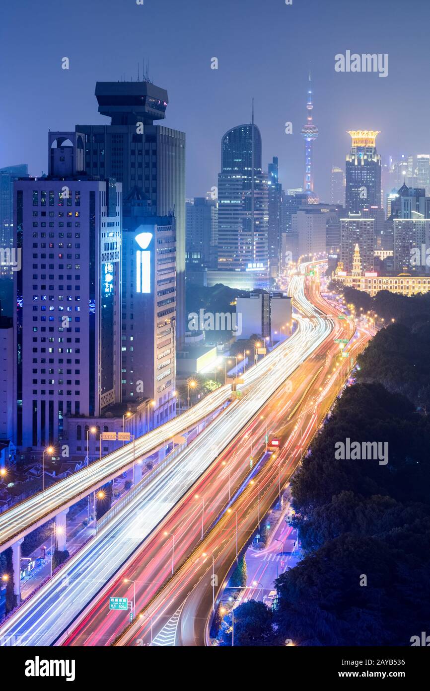 elevated road at night in shanghai Stock Photo