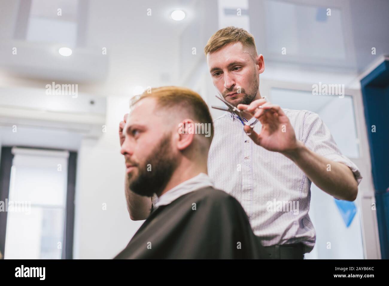 Barber Making Haircut Bearded Man In Professional stylist