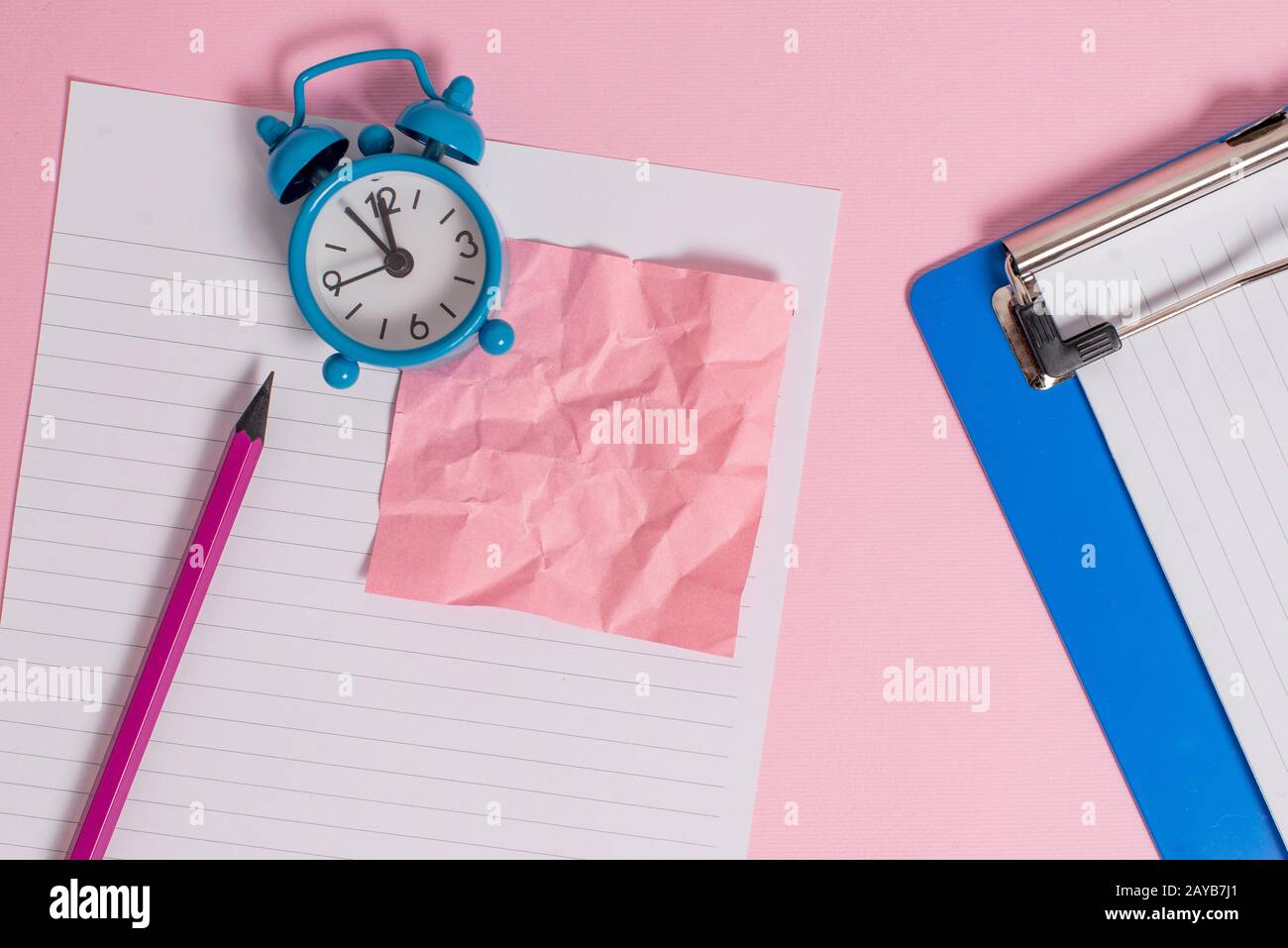 Letter Size Striped Paper Sheet Crushed Note Pencil Marker Clipboard Metal Vintage Alarm Clock Wakeup Colored Background Empty T Stock Photo Alamy