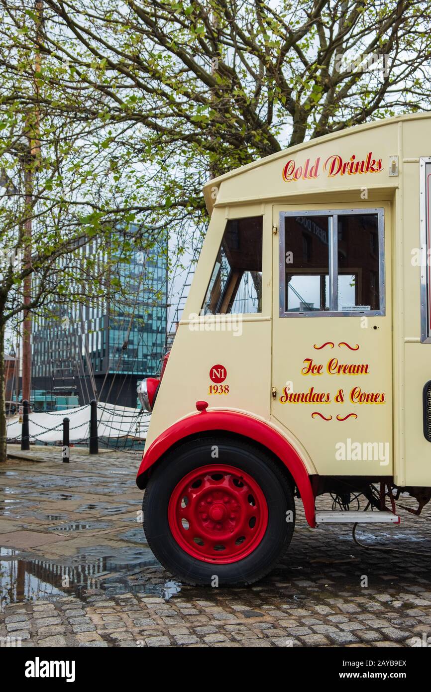 A beautiful classic ice-cream van at the Liverpool Docks, Port of Liverpool, late on a cloudy afternoon Stock Photo