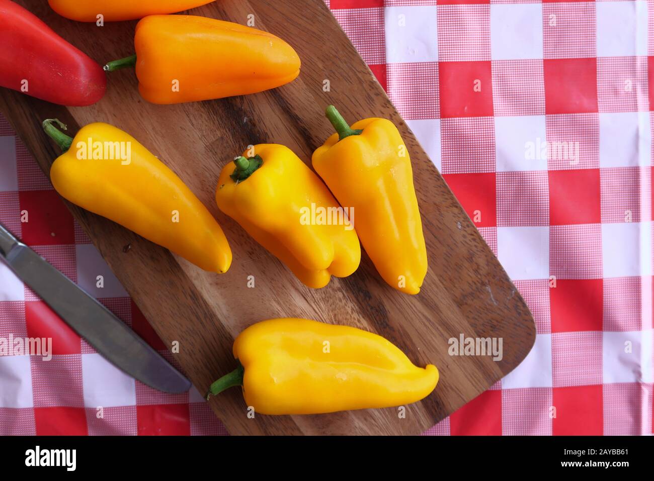 top view of bell pepper on chopping board on table  Stock Photo