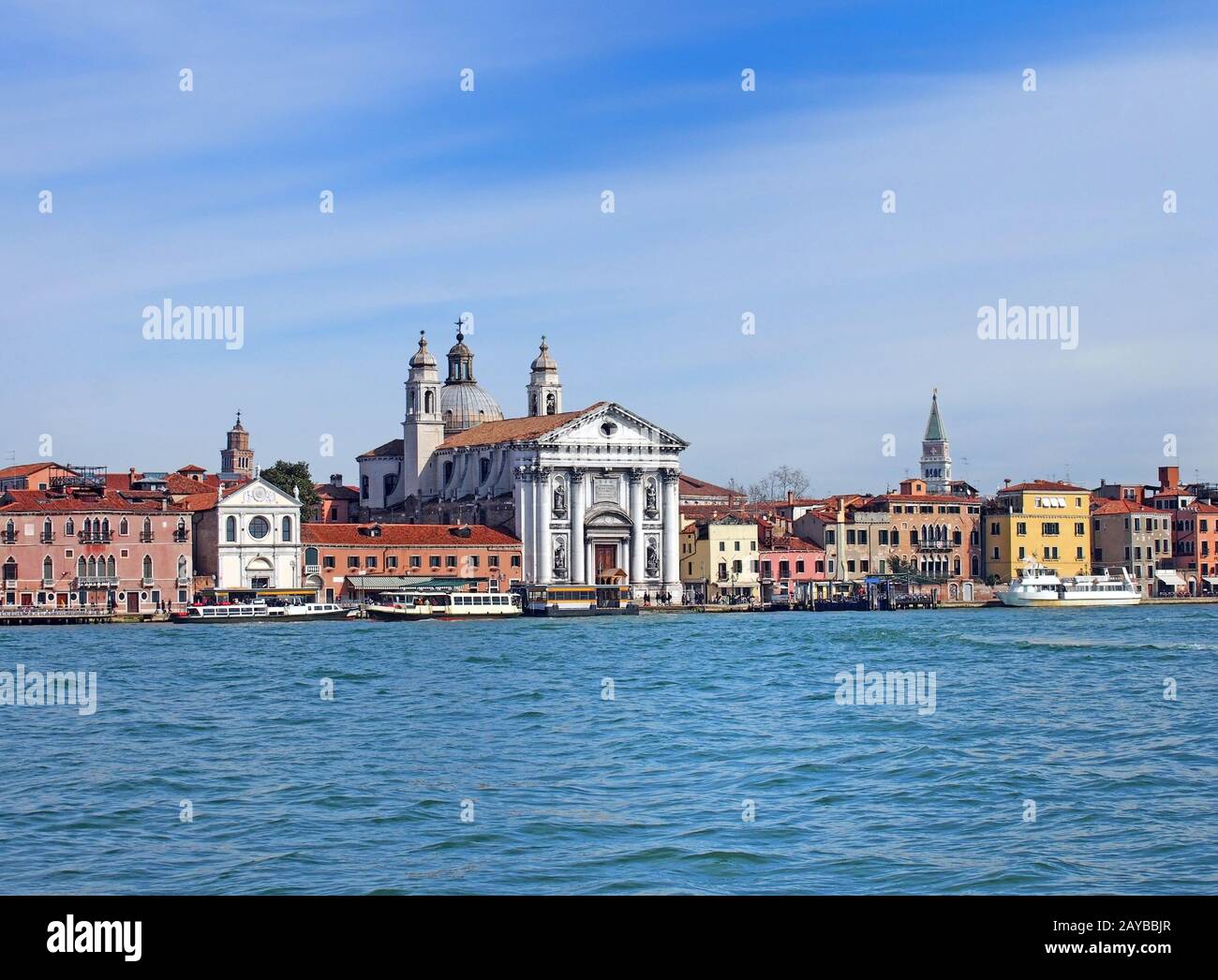 a view of venice from the sea showing the zattere salute area with the church of santa maria del rosario and waterfront landmark Stock Photo