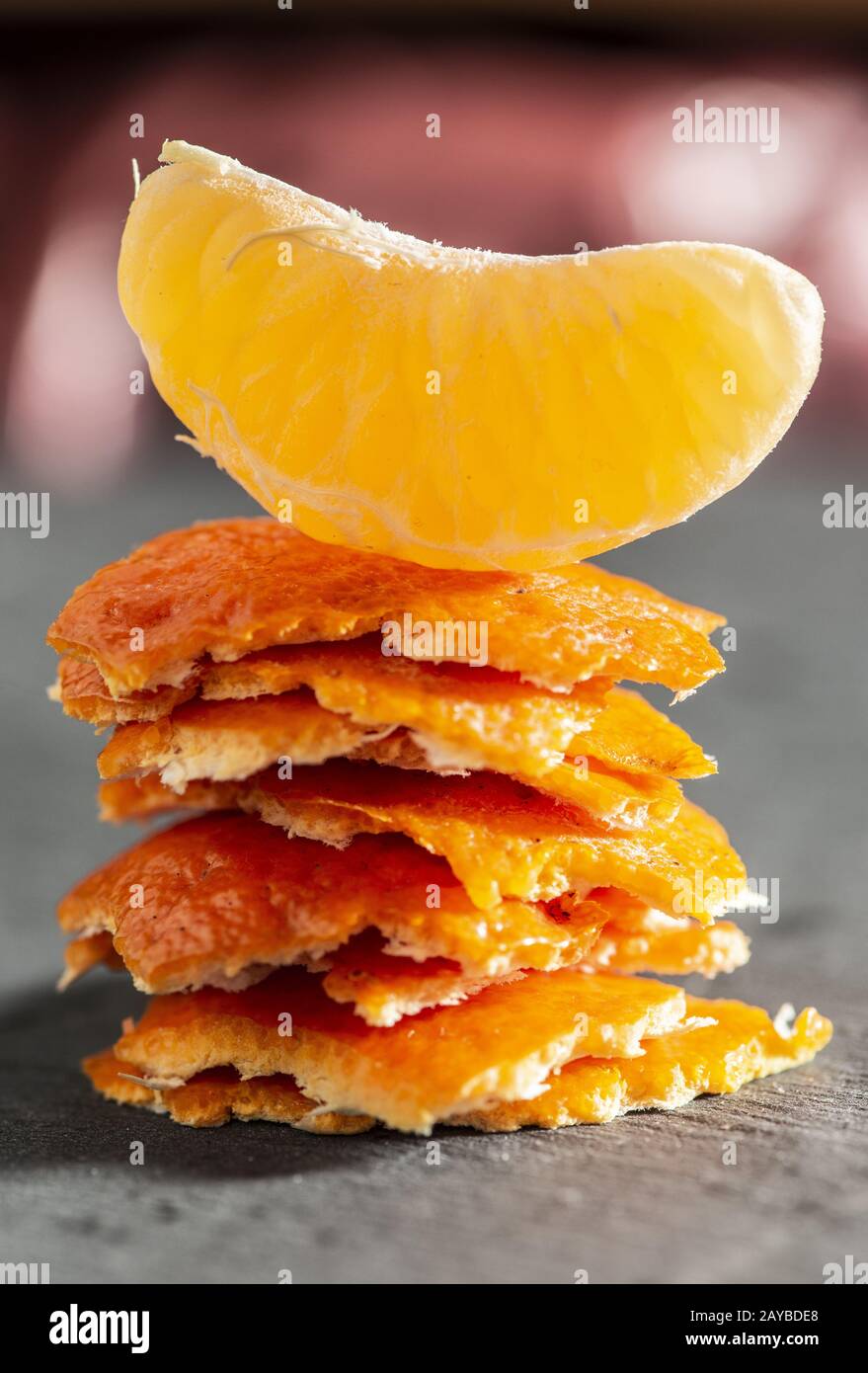 Stack Of Mandarin Peel And A Tangerine On Top Close up Shot Of Citrus 