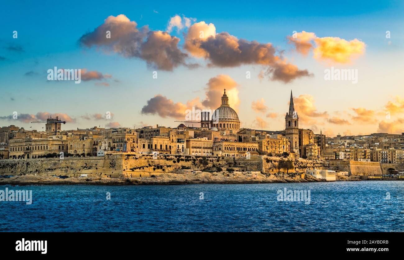 Sunset view of Valletta, the capital of Malta. Stock Photo