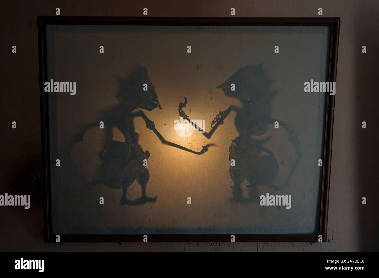 Traditional Javanese wayang kulit (shadow puppet) made out of leather in Yogyakarta, Java, Indonesia. Stock Photo