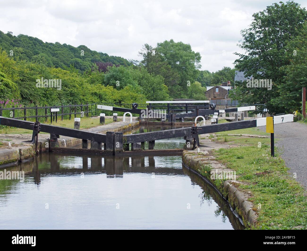 lock gates on the rochdale canal in mytholmroyd west yorkshire with