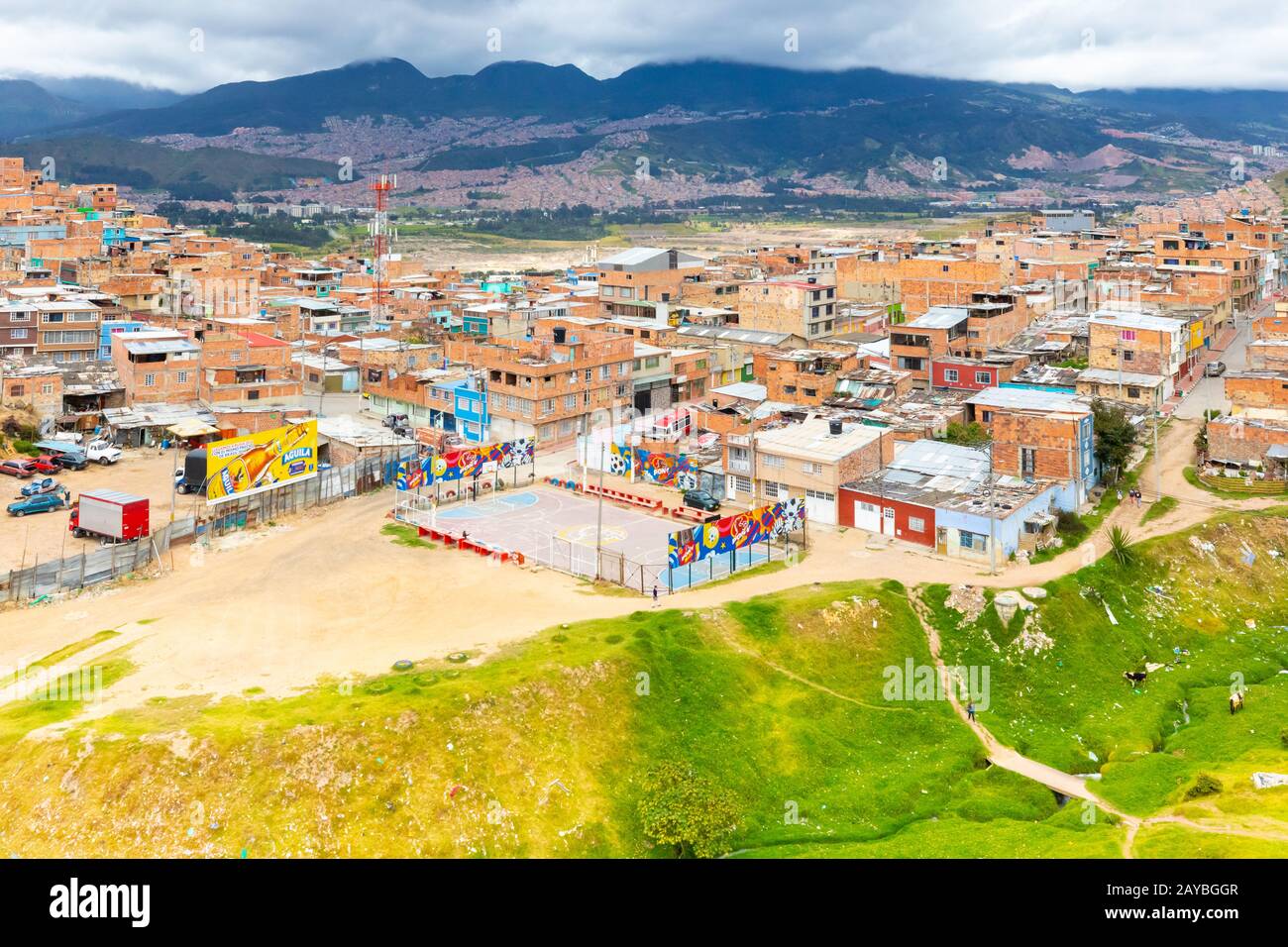 Bogota city aerial view of Manitas district sports field Stock Photo