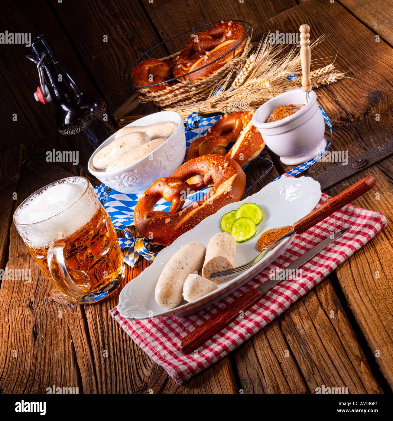 Weisswurst pretzels and beer for Oktoberfest Stock Photo Alamy