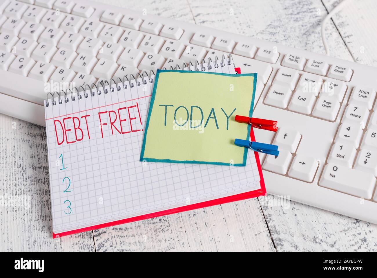 Conceptual hand writing showing Debt Free. Business photo text does not owning any money or things to any individual or companie Stock Photo