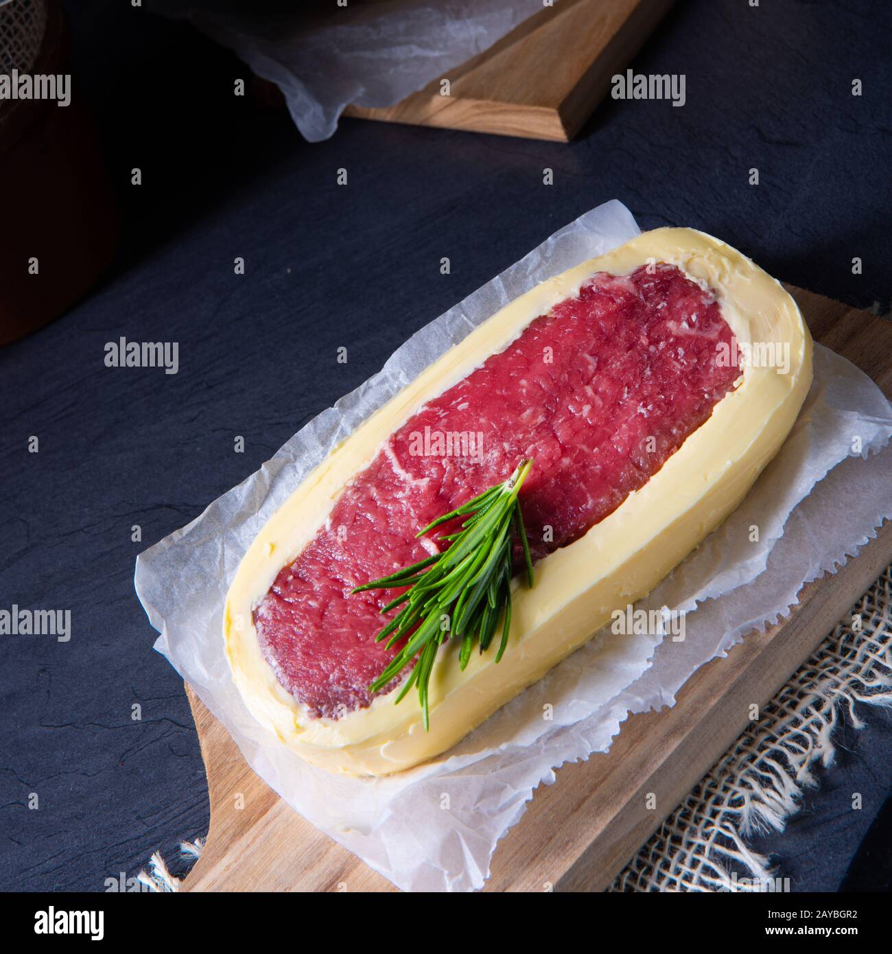 Steaks matured in butter refined with sea salt Stock Photo