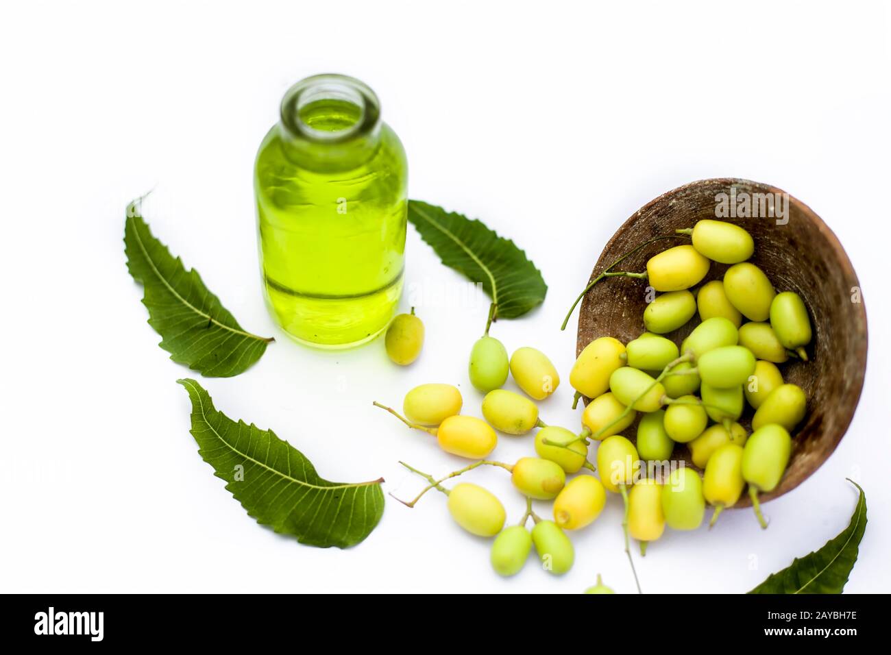 Fresh green neem fruit of Indian Lilac fruit in a clay bowl isolated on white along with its oil in a transparent glass bottle.Horizontal shot. Stock Photo