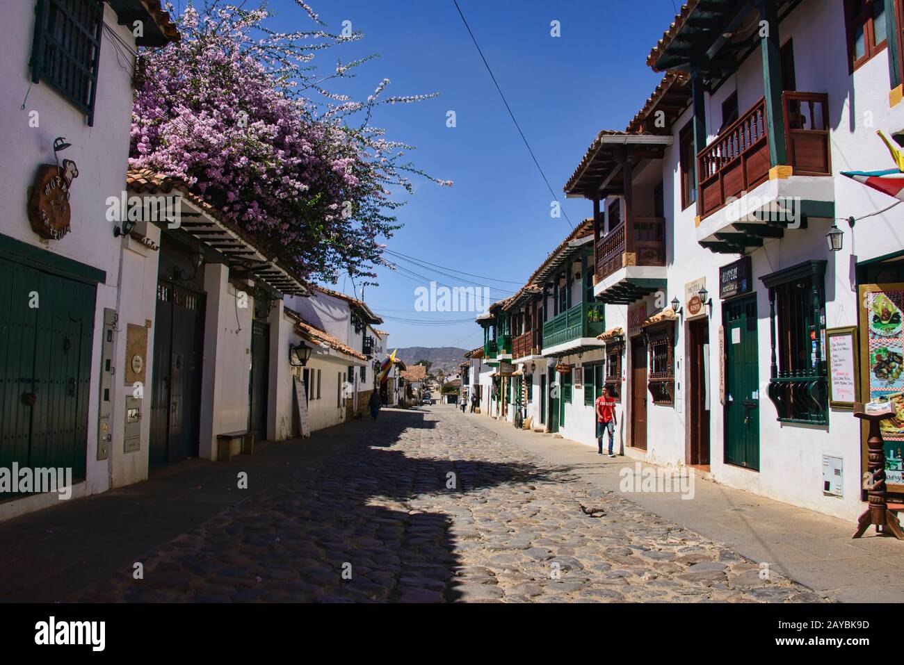 Cobblestone streets in charming colonial Villa de Leyva, Boyaca, Colombia Stock Photo