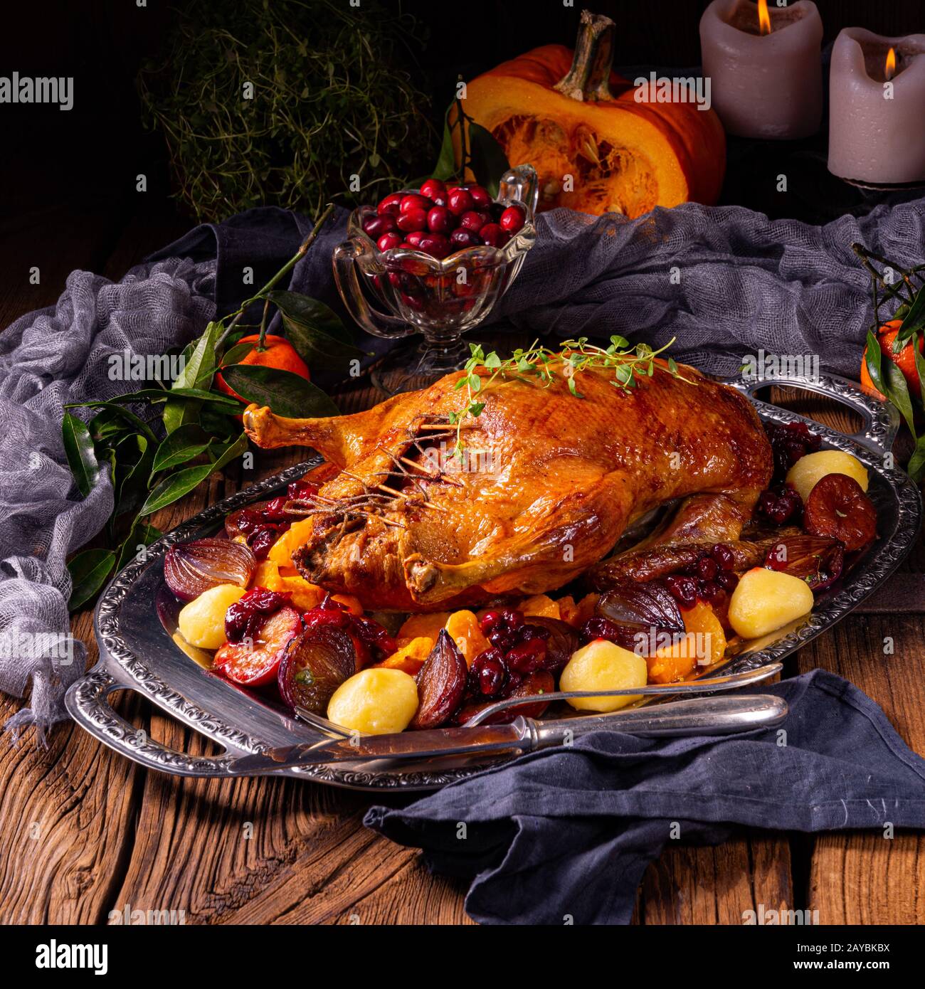 roast duck with potato dumplings and plums Stock Photo - Alamy