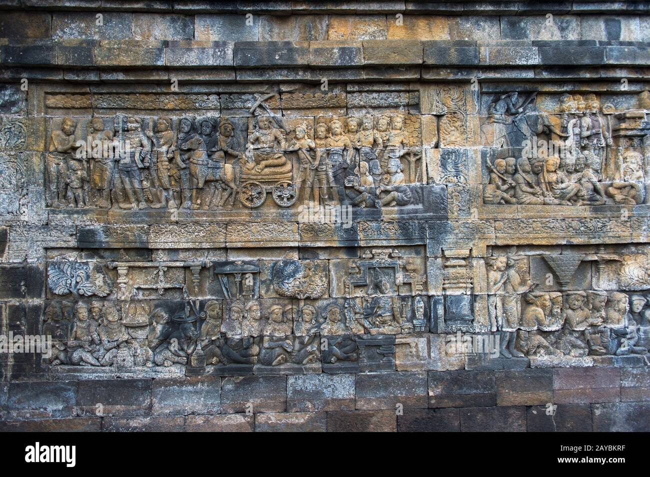A bas relief carving of Queen Maya riding horse carriage retreating to  Lumbini to give birth to Prince Siddhartha Gautama, at Borobudur temple  (UNESCO Stock Photo - Alamy
