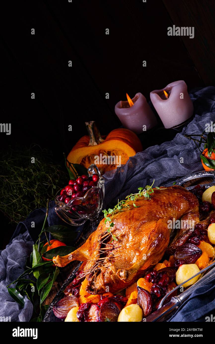 roast duck with potato dumplings and plums Stock Photo - Alamy