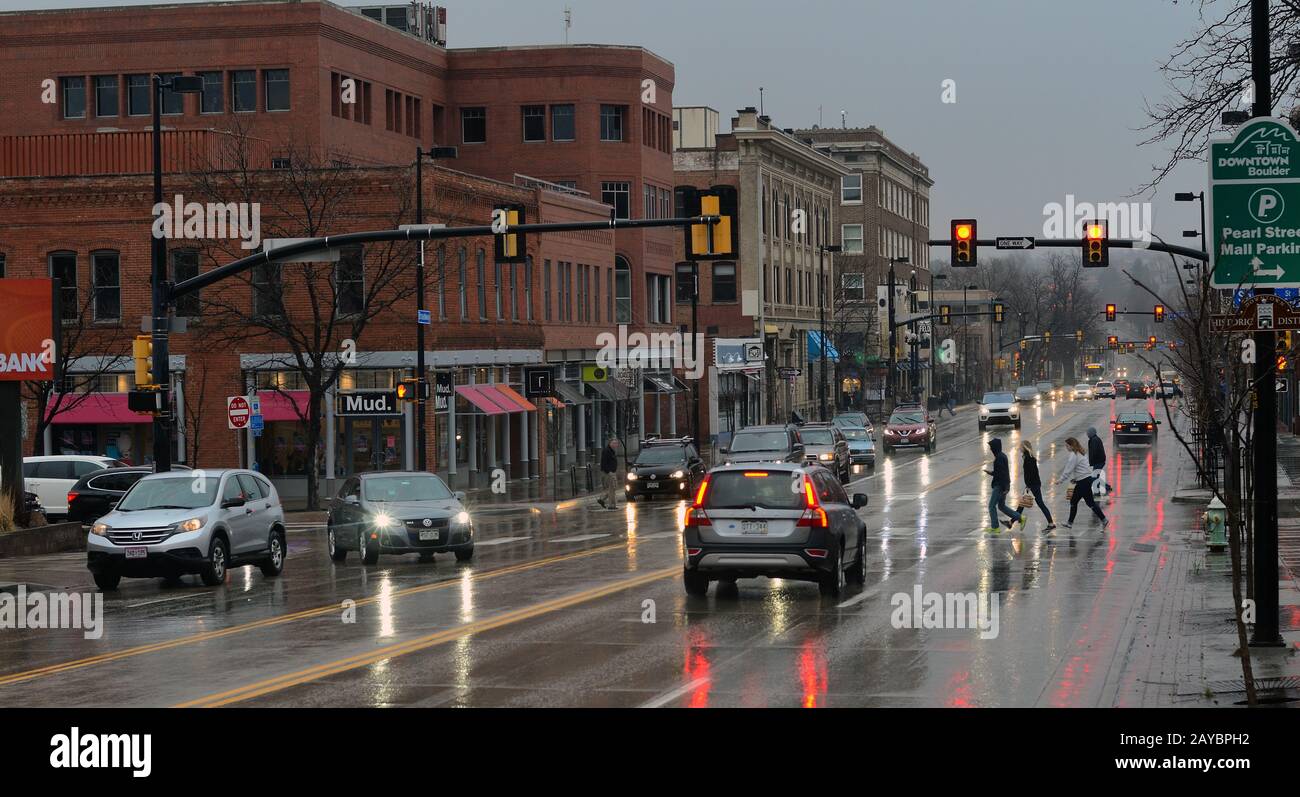 Rainy day on Broadway Street, downtown Boulder Stock Photo