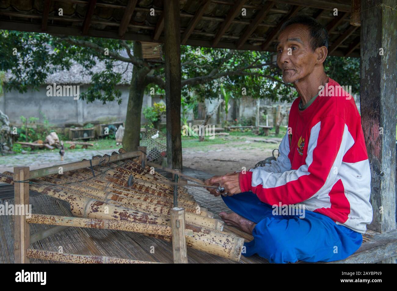 A man is playing a bamboo xylophone in the Tenganan Village in East