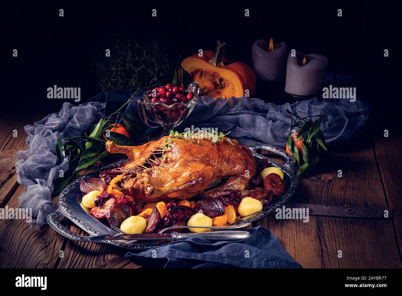 roast duck with potato dumplings and plums Stock Photo - Alamy