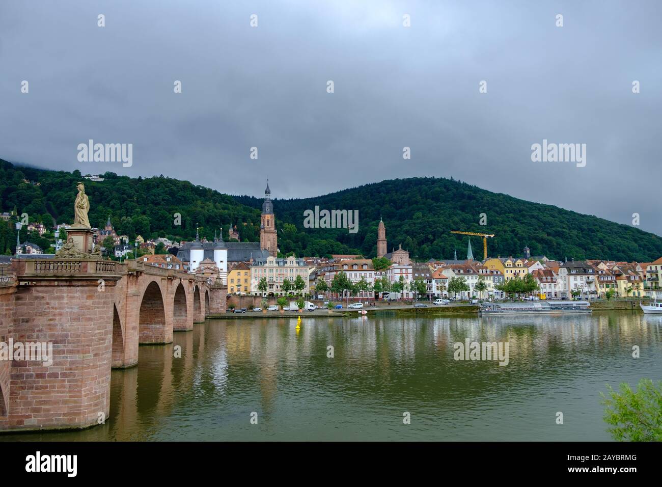 View of the beautiful medieval city of Heidelberg and river Neckar,  Germany with the Old Bridge in view Stock Photo