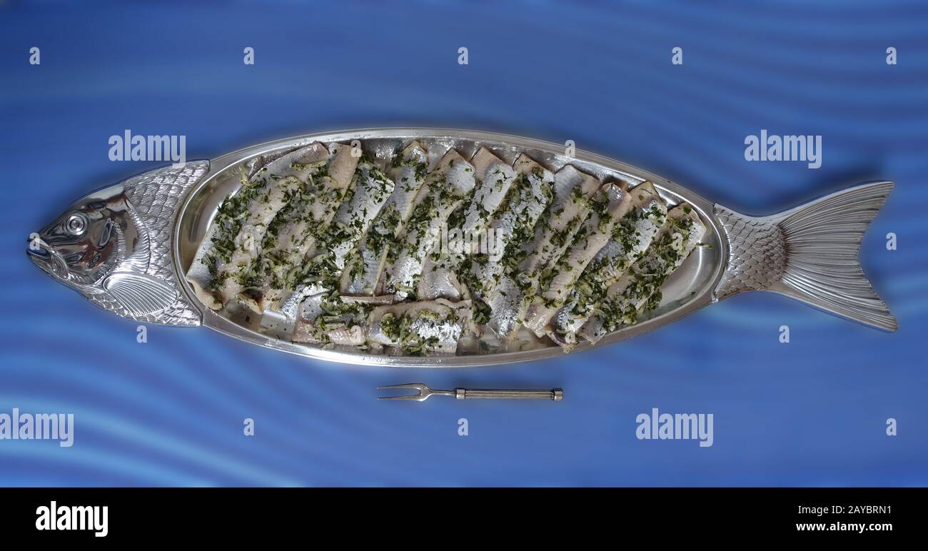 Silver fish plate with Matjes herring Stock Photo Alamy