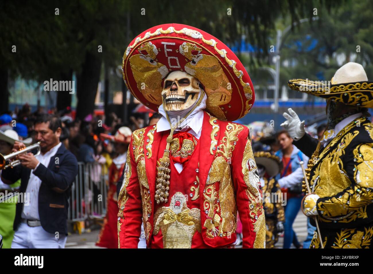 Mexico City, Mexico - November 2 2019 Celebration of Day of Dead parade, Dia de los Muertos desfile, charro skull Stock Photo
